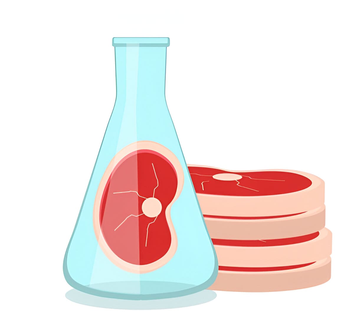 Illustration of lab-grown meat concept showing a steak inside a laboratory flask with slices of meat beside it.