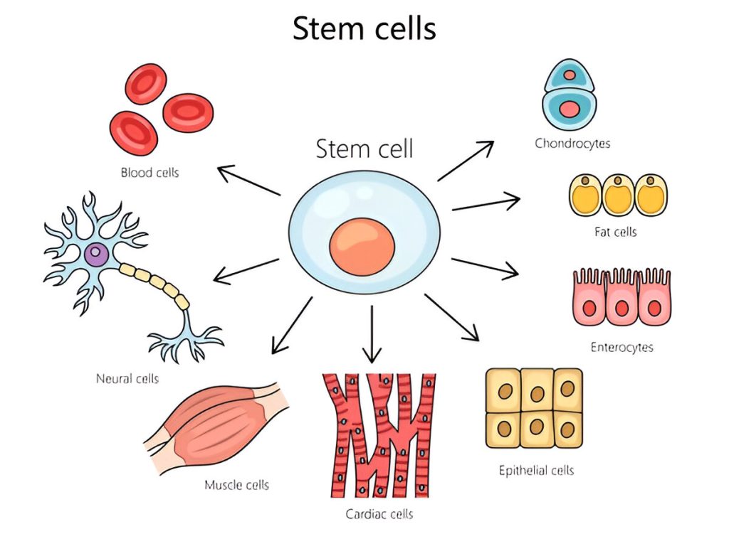 Diagram showing a stem cell in the center differentiating into various specialized cells, including blood cells, neural cells, muscle cells, cardiac cells, epithelial cells, enterocytes, fat cells, and chondrocytes.