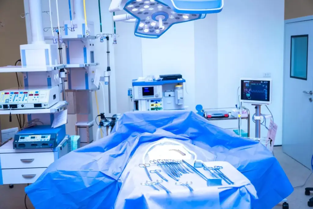 A bright, well-lit modern operating room filled with state-of-the-art medical equipment. In the foreground, a sleek surgical table with an array of precision tools and instruments. Overhead, a bank of high-tech lighting fixtures casting an even, shadowless glow. In the middle ground, advanced diagnostic monitors displaying real-time vitals and imaging data. In the background, banks of sterile cabinets and shelving holding a variety of specialized medical supplies. The atmosphere is one of clinical efficiency and technological sophistication, creating an environment optimized for the most advanced surgical procedures. A bright, well-lit modern operating room filled with state-of-the-art medical equipment. In the foreground, a sleek surgical table with an array of precision tools and instruments. Overhead, a bank of high-tech lighting fixtures casting an even, shadowless glow. In the middle ground, advanced diagnostic monitors displaying real-time vitals and imaging data. In the background, banks of sterile cabinets and shelving holding a variety of specialized medical supplies. The atmosphere is one of clinical efficiency and technological sophistication, creating an environment optimized for the most advanced surgical procedures.