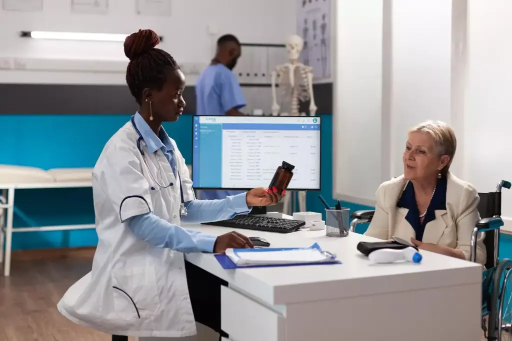 A clinical, well-lit medical office interior. In the foreground, a desk with a computer, medical equipment, and a stack of patient records. A doctor, dressed in a white coat, is seated at the desk, engaged in discussion with a patient. In the middle ground, shelves line the walls, filled with medication bottles and medical supplies. The background depicts a large window overlooking a serene, natural landscape, suggesting a holistic approach to treatment. The scene conveys a sense of professionalism, care, and a focus on personalized, evidence-based Medication-Assisted Treatment for substance dependence.