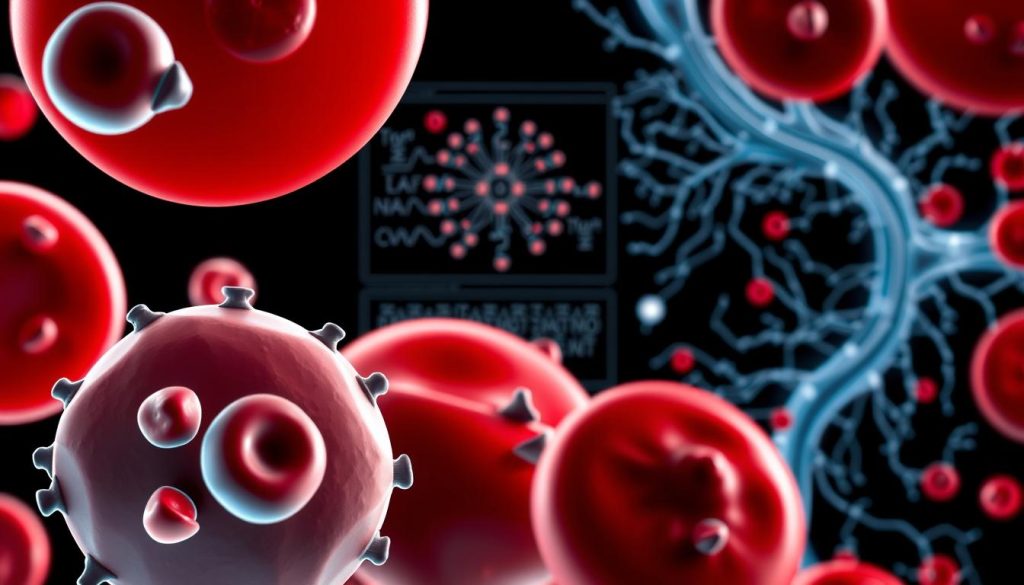 A complex, high-contrast diagram depicting the key aspects of myelodysplastic syndromes (MDS). In the foreground, a detailed illustration of blood cells, highlighting the abnormalities associated with MDS, such as immature or misshapen cells. In the middle ground, a stylized molecular diagram showcasing the genetic and cellular mechanisms underlying MDS. The background features a sleek, minimalist visualization of the hematopoietic system, with subtle shading and gradients conveying the disruption and dysregulation characteristic of the disease. Rendered with a cool, clinical color palette and sharp, technical linework to emphasize the medical and scientific nature of the subject matter. Lit from multiple angles to accentuate depth and dimensionality, creating a sense of visual complexity and depth. A complex, high-contrast diagram depicting the key aspects of myelodysplastic syndromes (MDS). In the foreground, a detailed illustration of blood cells, highlighting the abnormalities associated with MDS, such as immature or misshapen cells. In the middle ground, a stylized molecular diagram showcasing the genetic and cellular mechanisms underlying MDS. The background features a sleek, minimalist visualization of the hematopoietic system, with subtle shading and gradients conveying the disruption and dysregulation characteristic of the disease. Rendered with a cool, clinical color palette and sharp, technical linework to emphasize the medical and scientific nature of the subject matter. Lit from multiple angles to accentuate depth and dimensionality, creating a sense of visual complexity and depth.