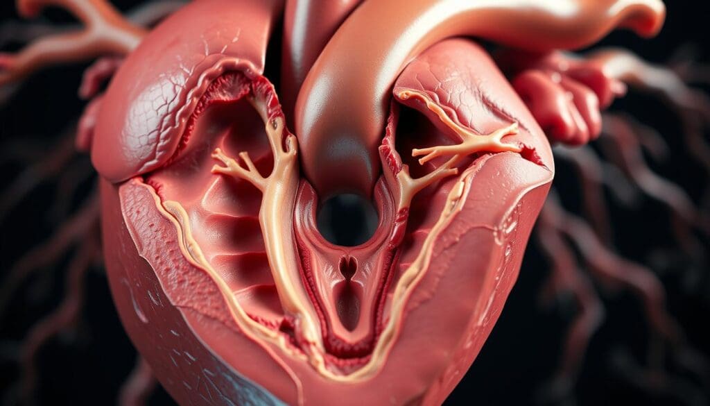 A detailed, anatomical cross-section of the aortic root, showcasing its intricate structures in a highly realistic and scientifically accurate manner. The foreground should prominently feature the aortic valve, cusps, and annulus, with the surrounding aortic wall, sinuses of Valsalva, and coronary artery ostia clearly visible. The middle ground should include the ascending aorta and its relationship to the root, while the background should provide context with the surrounding cardiac anatomy, such as the left ventricular outflow tract. Lighting should be soft and directional, emphasizing the three-dimensional nature of the structures. The overall mood should be one of scientific curiosity and educational clarity, allowing the viewer to fully understand the intricate anatomy of the aortic root. A detailed, anatomical cross-section of the aortic root, showcasing its intricate structures in a highly realistic and scientifically accurate manner. The foreground should prominently feature the aortic valve, cusps, and annulus, with the surrounding aortic wall, sinuses of Valsalva, and coronary artery ostia clearly visible. The middle ground should include the ascending aorta and its relationship to the root, while the background should provide context with the surrounding cardiac anatomy, such as the left ventricular outflow tract. Lighting should be soft and directional, emphasizing the three-dimensional nature of the structures. The overall mood should be one of scientific curiosity and educational clarity, allowing the viewer to fully understand the intricate anatomy of the aortic root.