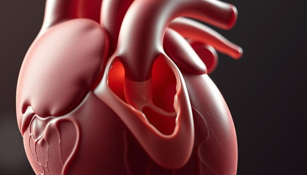 A detailed, anatomical illustration of the aortic valve in the human heart. The scene is rendered in a realistic photorealistic style, with high-resolution, accurate details of the valve's structure, including the cusps, annulus, and surrounding anatomy. The image is shot from a slightly elevated angle, providing a clear, unobstructed view of the valve. Soft, natural lighting from the left side gently illuminates the scene, creating depth and dimension. The background is muted and blurred, keeping the focus on the intricate details of the aortic valve. The overall tone is one of scientific precision and medical clarity, suitable for educational and informational purposes.