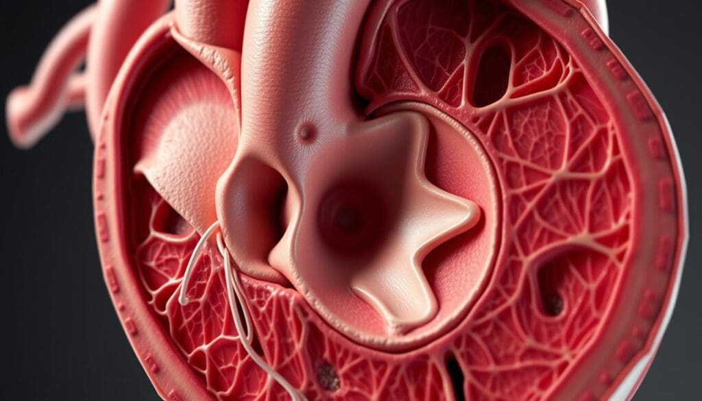 A detailed, anatomically accurate cross-section of the aortic valve, showcasing its intricate structure in a realistic, high-resolution medical illustration. The view should be from the side, with the three cusps of the valve clearly visible, along with the surrounding aortic root and ascending aorta. Render the scene with soft, diffuse lighting, creating depth and highlighting the subtle textures and contours of the valve components. Employ a close-up lens to capture the fine details, such as the delicate valve leaflets and the supporting connective tissues. The overall mood should be one of clinical precision and scientific investigation, conveying the complexity and importance of this critical cardiac structure.