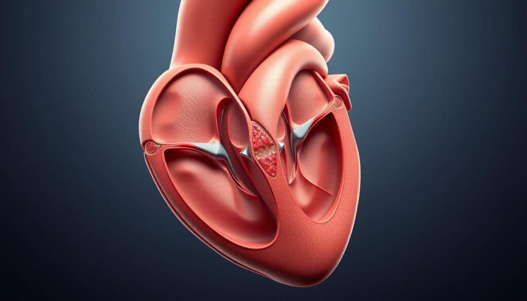 A detailed, anatomically accurate illustration of the aortic valve, showcasing its intricate structure and function. The image should depict the aortic valve in cross-section, highlighting the three semilunar valve leaflets, the aortic sinuses, and the ascending aorta. Render the scene with high-quality photorealistic lighting, emphasizing the delicate contours and intricate details of the cardiac anatomy. Present the subject from a slightly angled perspective, allowing for a clear view of the valve's internal components. Convey a sense of scientific precision and clinical clarity, suitable for an educational medical article on aortic stenosis. A detailed, anatomically accurate illustration of the aortic valve, showcasing its intricate structure and function. The image should depict the aortic valve in cross-section, highlighting the three semilunar valve leaflets, the aortic sinuses, and the ascending aorta. Render the scene with high-quality photorealistic lighting, emphasizing the delicate contours and intricate details of the cardiac anatomy. Present the subject from a slightly angled perspective, allowing for a clear view of the valve's internal components. Convey a sense of scientific precision and clinical clarity, suitable for an educational medical article on aortic stenosis.
