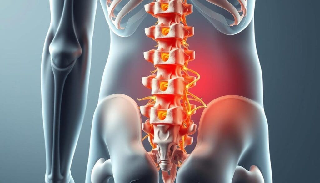 A detailed, anatomically accurate illustration of the human lumbar spine, showcased in a clean, scientific manner. The image should highlight the key structures of the lower back, including the vertebrae, intervertebral discs, and spinal nerves, rendered in a high-quality, photorealistic style. The lighting should be soft and directional, illuminating the intricate details of the anatomy. The camera angle should provide a clear, unobstructed view, allowing the viewer to fully appreciate the complex architecture of the lumbar region. The overall mood should be one of educational clarity, inviting the viewer to explore the underlying causes of pinched nerves and related lower back issues. A detailed, anatomically accurate illustration of the human lumbar spine, showcased in a clean, scientific manner. The image should highlight the key structures of the lower back, including the vertebrae, intervertebral discs, and spinal nerves, rendered in a high-quality, photorealistic style. The lighting should be soft and directional, illuminating the intricate details of the anatomy. The camera angle should provide a clear, unobstructed view, allowing the viewer to fully appreciate the complex architecture of the lumbar region. The overall mood should be one of educational clarity, inviting the viewer to explore the underlying causes of pinched nerves and related lower back issues.