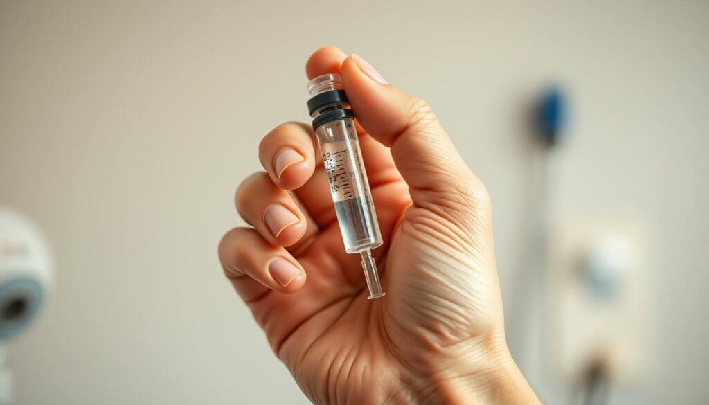 A detailed close-up view of a cancer patient's hand holding a syringe filled with a clear liquid, representing the administration of adjuvant treatment. The skin has a natural, slightly weathered texture, and the fingers gently grasp the syringe with a sense of determination. The background is a soft, blurred medical setting, suggesting a clinical environment. The lighting is warm and indirect, casting subtle shadows that highlight the hand's contours. The overall mood is one of hope and resilience, reflecting the essential purpose of adjuvant treatment in cancer care.