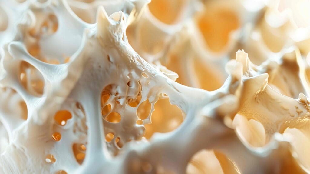 A detailed cross-section of bone metastases, showcasing the destructive lytic lesions that disrupt the normal bone structure A detailed cross-section of bone metastases, showcasing the destructive lytic lesions that disrupt the normal bone structure