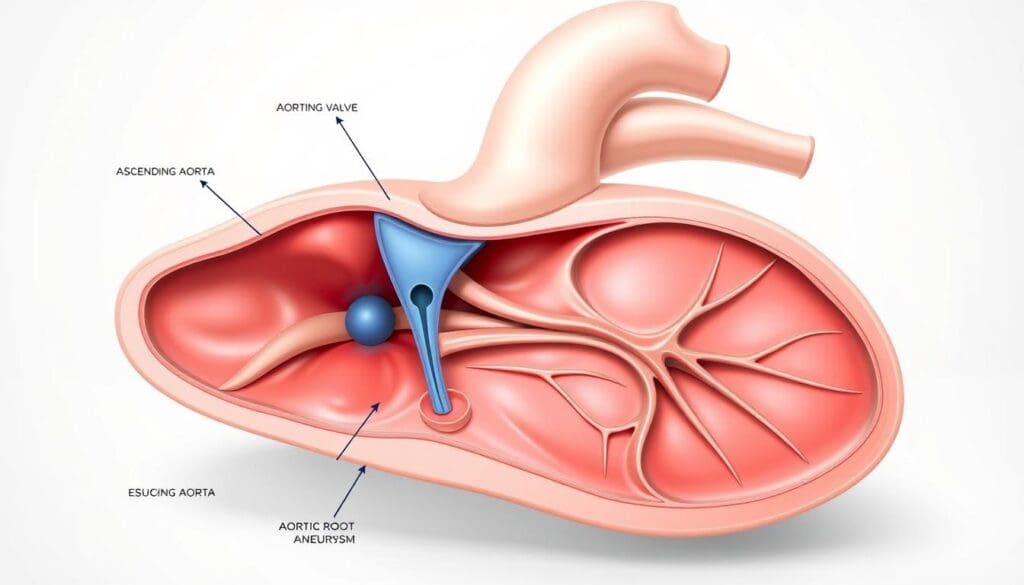 A detailed cross-sectional diagram of the aortic root, showcasing the aortic valve and the ascending aorta. The image should have a scientific, medical illustration style, with a neutral color palette and clean lines. The aortic root should be prominently displayed, highlighting its anatomical structure and any abnormalities associated with an aortic root aneurysm. The lighting should be soft and directional, emphasizing the three-dimensional nature of the subject. The angle should be slightly elevated, providing a clear view of the aortic root and its components. The overall mood should be informative and educational, conveying the medical nature of the topic. A detailed cross-sectional diagram of the aortic root, showcasing the aortic valve and the ascending aorta. The image should have a scientific, medical illustration style, with a neutral color palette and clean lines. The aortic root should be prominently displayed, highlighting its anatomical structure and any abnormalities associated with an aortic root aneurysm. The lighting should be soft and directional, emphasizing the three-dimensional nature of the subject. The angle should be slightly elevated, providing a clear view of the aortic root and its components. The overall mood should be informative and educational, conveying the medical nature of the topic.