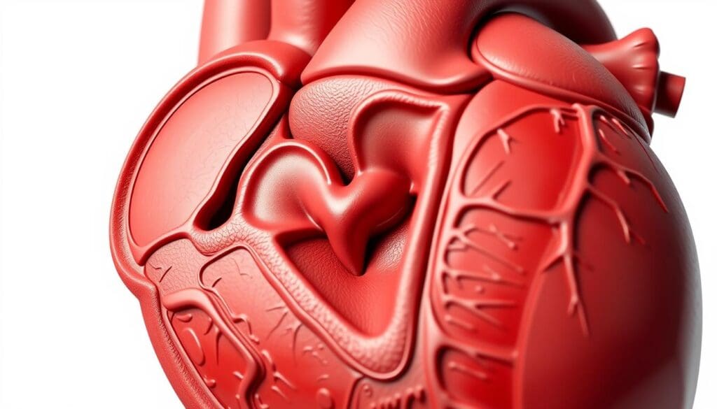 A detailed, cross-sectional illustration of the human heart, showcasing the aortic valve in the center. The aortic valve appears enlarged, with backflow of blood visible through the valve leaflets, indicating aortic regurgitation. The surrounding cardiac anatomy, including the ascending aorta, left ventricle, and other key structures, is depicted with high fidelity and realistic textures. The image is rendered in a clean, clinical style, with subtle lighting from the side to accentuate the 3D form. The overall tone is informative and educational, suitable for use in a medical article on aortic regurgitation.