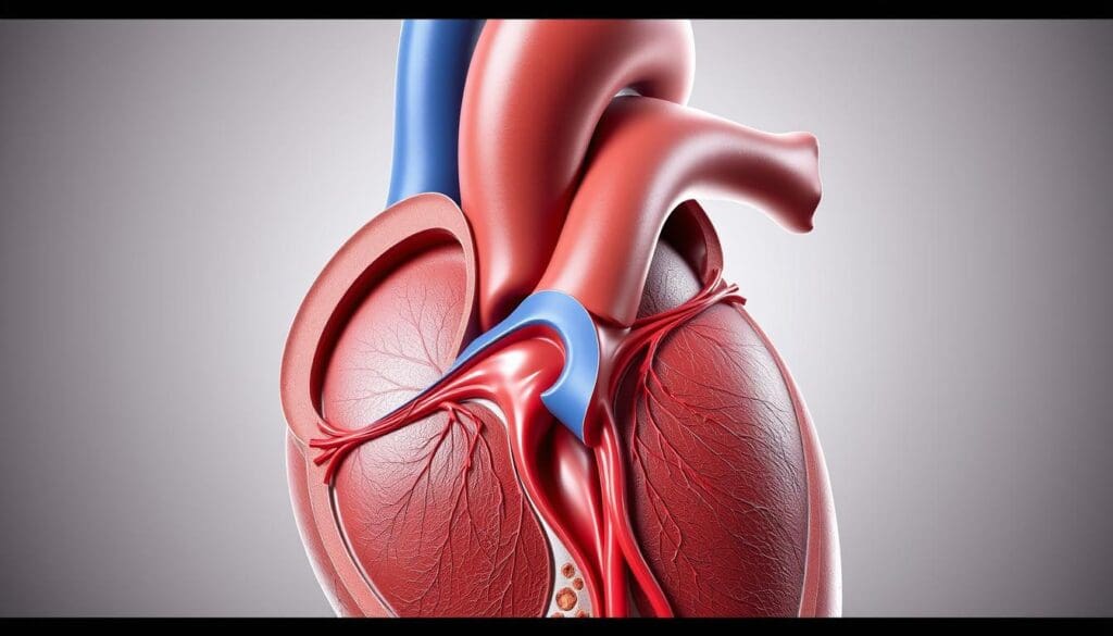 A detailed, cross-sectional illustration showcasing the anatomical structures involved in aortic regurgitation. Depict the aortic valve in the foreground, with the left ventricle and ascending aorta clearly visible. Highlight the backflow of blood through the incompetent valve, using realistic lighting and shading to convey the fluid dynamics. The middle ground should feature the surrounding cardiovascular structures, including the left atrium and thoracic aorta. The background should provide a clean, neutral environment to focus attention on the medical subject matter. Render this image using a photorealistic style, with a high level of anatomical accuracy and attention to detail.