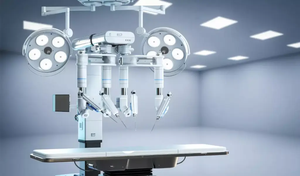 A detailed, high-resolution image of the da Vinci Surgical System, showcasing its evolution in robotic surgery. The foreground features the robotic arms and console, precisely crafted with intricate mechanical details. The middle ground displays the surgical bed and surrounding medical equipment, conveying a sense of advanced technological integration. The background depicts a modern operating room with sleek, minimalist design elements and muted lighting, creating a calm and professional atmosphere. The overall composition emphasizes the system's innovative engineering, precision, and seamless integration into the surgical environment. A detailed, high-resolution image of the da Vinci Surgical System, showcasing its evolution in robotic surgery. The foreground features the robotic arms and console, precisely crafted with intricate mechanical details. The middle ground displays the surgical bed and surrounding medical equipment, conveying a sense of advanced technological integration. The background depicts a modern operating room with sleek, minimalist design elements and muted lighting, creating a calm and professional atmosphere. The overall composition emphasizes the system's innovative engineering, precision, and seamless integration into the surgical environment.