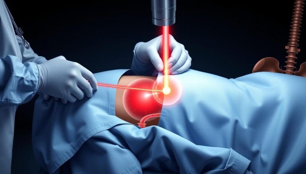 A detailed, high-resolution medical illustration of a laser prostate ablation procedure. Show the patient in a surgical gown lying on an operating table, with a physician performing the minimally-invasive treatment using a narrow laser fiber inserted through the urethra. Depict the laser beam precisely targeting and ablating the prostate tissue, while surrounding anatomy such as the bladder, rectum, and pelvic bones are visible in the background. Bright surgical lighting illuminates the scene, creating a clinical, technical atmosphere. Convey the precision and effectiveness of this advanced, non-surgical treatment for an enlarged prostate. A detailed, high-resolution medical illustration of a laser prostate ablation procedure. Show the patient in a surgical gown lying on an operating table, with a physician performing the minimally-invasive treatment using a narrow laser fiber inserted through the urethra. Depict the laser beam precisely targeting and ablating the prostate tissue, while surrounding anatomy such as the bladder, rectum, and pelvic bones are visible in the background. Bright surgical lighting illuminates the scene, creating a clinical, technical atmosphere. Convey the precision and effectiveness of this advanced, non-surgical treatment for an enlarged prostate.