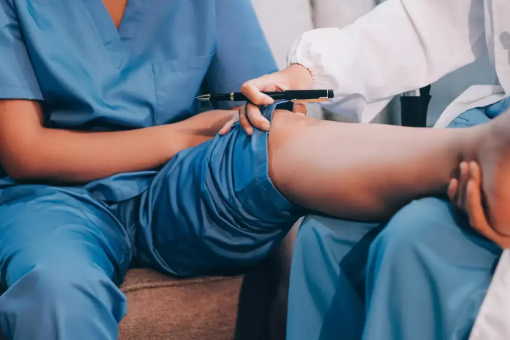 A detailed, high-resolution medical illustration showcasing a revision total knee arthroplasty procedure. The foreground depicts the exposed surgical site, with the prosthetic components carefully removed and the surrounding bone and tissue meticulously visible. The middle ground showcases the new prosthetic components being precisely fitted, highlighting the technical complexity of the revision surgery. The background features a clean, sterile operating room environment with modern medical equipment, conveying a sense of professionalism and expertise. The lighting is bright and evenly distributed, casting clear shadows and emphasizing the intricate details of the procedure. The overall mood is one of medical precision, emphasizing the gravity and importance of this complex surgical intervention.