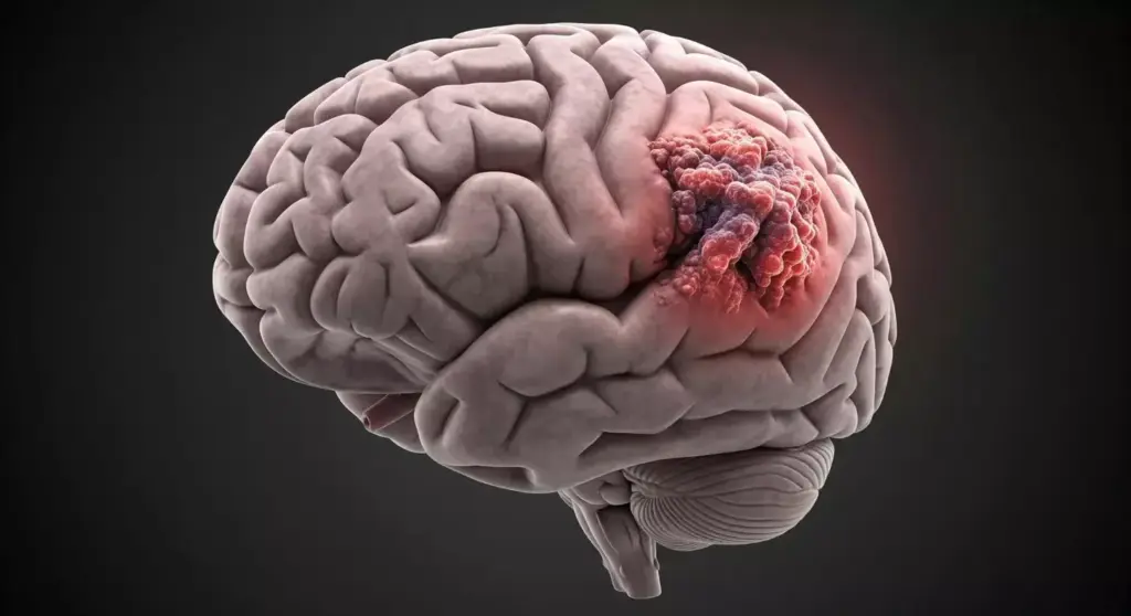 A detailed illustration of a brain with a visible tumor, against a muted, somber background. The brain is rendered with anatomical precision, showcasing the tumor's shape, size, and location within the cerebral cortex. The lighting is soft and diffused, creating a pensive, contemplative atmosphere. The composition emphasizes the gravity and impact of the tumor, drawing the viewer's attention to the affected area. The overall tone is one of solemn awareness, conveying the seriousness of the subject matter without being overly graphic or alarming.