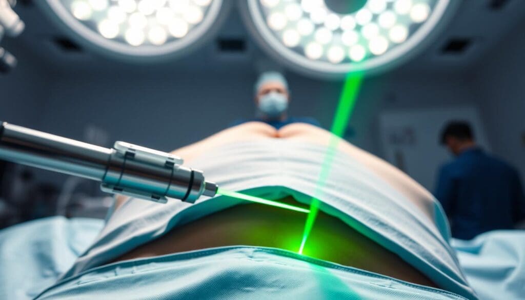 A detailed image of a GreenLight laser prostate surgery procedure. The foreground shows the surgical instrument, a slender green laser, precisely targeting the prostate tissue. The middle ground depicts the patient's lower abdomen, with a surgical drape covering the area. The background showcases the medical equipment and sterile environment of the operating room, including bright overhead lighting and the silhouettes of medical personnel. The lighting is crisp and clinical, emphasizing the technical nature of the procedure. The overall composition conveys the advanced, minimally invasive nature of the GreenLight laser surgery technique.