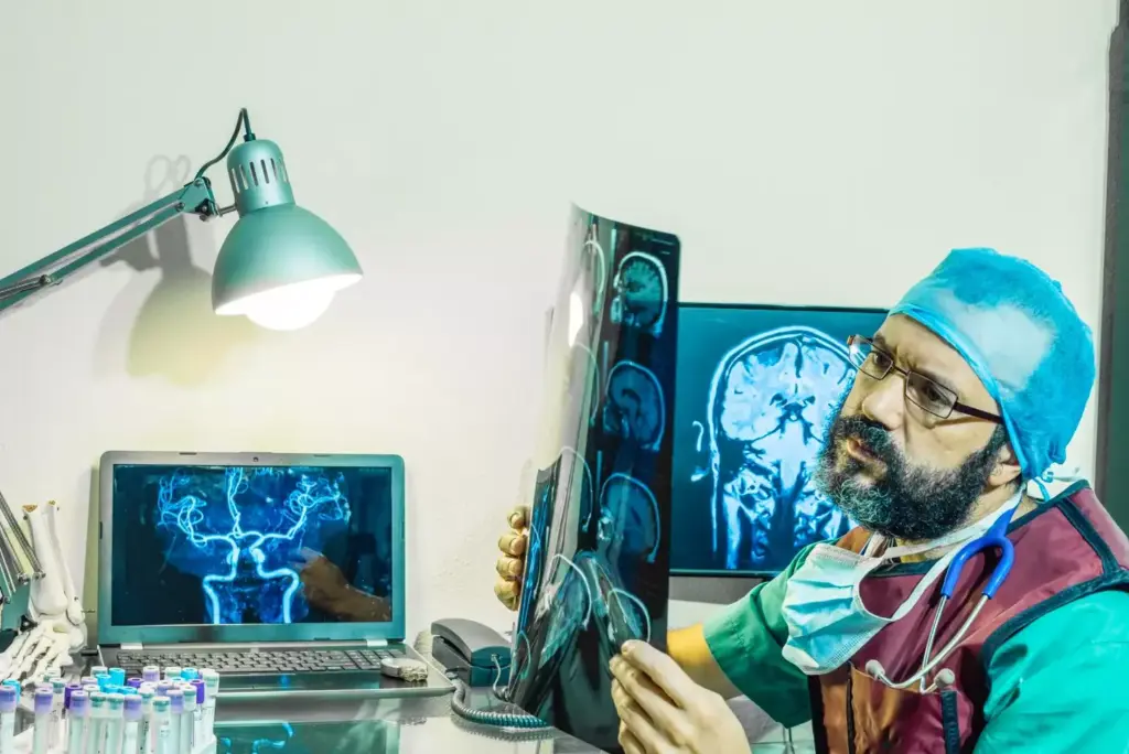 A detailed medical illustration depicting brain tumor treatment. In the foreground, a precise surgical incision exposes the brain, with delicate instruments carefully maneuvering around the tumor. Bright surgical lights illuminate the scene, casting a clinical glow. In the middle ground, a cross-section of the brain reveals the tumor's location and size, providing crucial anatomical context. The background showcases a serene, sterile operating room environment, with advanced monitoring equipment and a dedicated medical team assisting the procedure. The overall mood conveys the gravity and importance of this critical surgical intervention for effective brain tumor treatment.