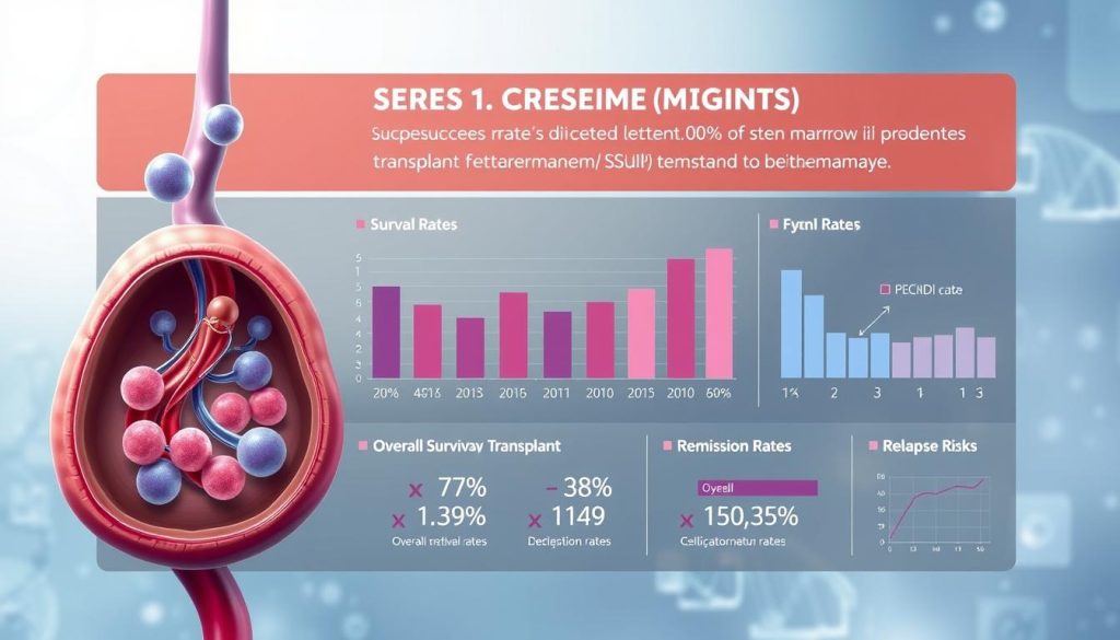 A detailed medical illustration showcasing the current success rates of stem cell transplants for leukemia patients. The foreground depicts a cross-section of a bone marrow transplant procedure, with vivid renderings of the stem cells being infused and engrafting. The middle ground features a series of bar charts and graphs displaying key statistical data on overall survival rates, remission rates, and relapse risks. The background fades into a soft, clinical atmosphere with muted shades of blue and white, complemented by subtle medical imagery like DNA strands and cellular structures. Realistic lighting and detailed textures convey the seriousness and importance of this critical medical treatment. A detailed medical illustration showcasing the current success rates of stem cell transplants for leukemia patients. The foreground depicts a cross-section of a bone marrow transplant procedure, with vivid renderings of the stem cells being infused and engrafting. The middle ground features a series of bar charts and graphs displaying key statistical data on overall survival rates, remission rates, and relapse risks. The background fades into a soft, clinical atmosphere with muted shades of blue and white, complemented by subtle medical imagery like DNA strands and cellular structures. Realistic lighting and detailed textures convey the seriousness and importance of this critical medical treatment.