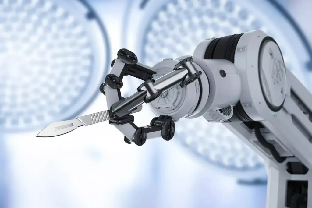 A detailed, photorealistic image of a da Vinci surgical robotic arm, set against a clean, well-lit medical environment. The arm has a sleek, metallic finish, with multiple articulated joints and precision tools at the end. The scene is captured from a low, front-facing angle, showcasing the arm's impressive scale and advanced engineering. Subtle shadows and reflections add depth and realism. The overall mood is one of clinical precision and technological innovation, befitting the article's focus on the core components and functionality of the da Vinci robotic surgery system. A detailed, photorealistic image of a da Vinci surgical robotic arm, set against a clean, well-lit medical environment. The arm has a sleek, metallic finish, with multiple articulated joints and precision tools at the end. The scene is captured from a low, front-facing angle, showcasing the arm's impressive scale and advanced engineering. Subtle shadows and reflections add depth and realism. The overall mood is one of clinical precision and technological innovation, befitting the article's focus on the core components and functionality of the da Vinci robotic surgery system.