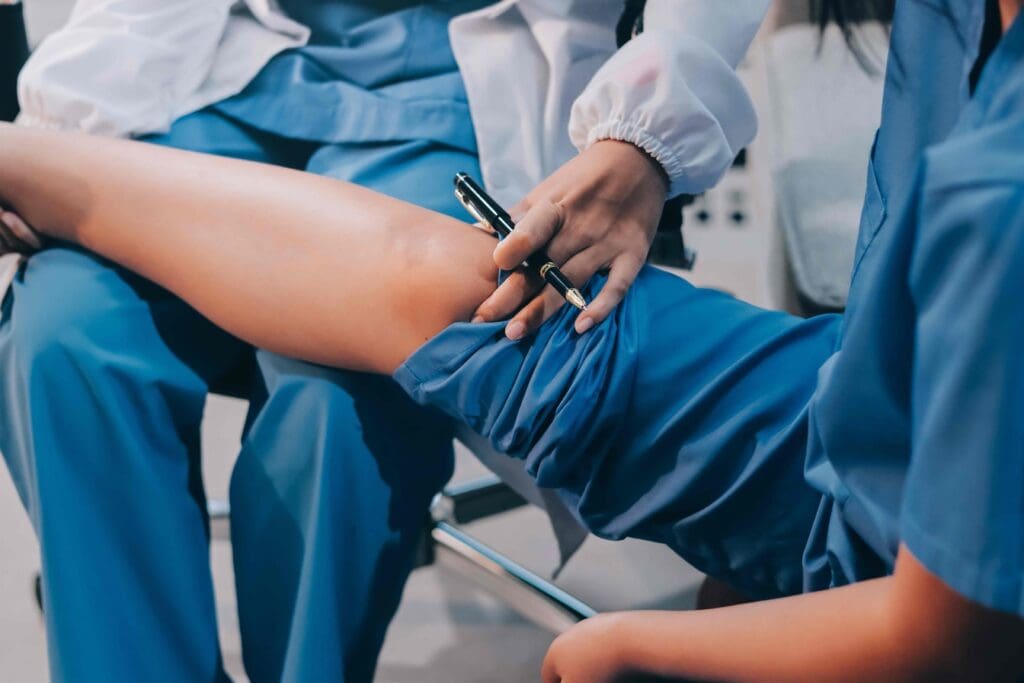 A detailed surgical scene depicting a partial knee replacement procedure A detailed surgical scene depicting a partial knee replacement procedure