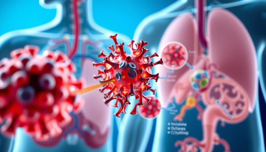 A detailed three-dimensional medical diagram depicting the mechanism of graft-versus-host disease (GVHD). The foreground shows a cluster of donor T-cells attacking host tissues, with a crisp focus on the cellular interaction. The middle ground illustrates the pathways of immune cell infiltration and cytokine release that lead to tissue damage. The background provides anatomical context, showcasing the bone marrow transplant site and surrounding organs. The lighting is bright and clean, with a slightly bluish hue to convey a clinical, scientific atmosphere. The overall composition emphasizes the complex interplay between the transplanted immune cells and the host's tissues, capturing the essence of GVHD in a visually informative manner. A detailed three-dimensional medical diagram depicting the mechanism of graft-versus-host disease (GVHD). The foreground shows a cluster of donor T-cells attacking host tissues, with a crisp focus on the cellular interaction. The middle ground illustrates the pathways of immune cell infiltration and cytokine release that lead to tissue damage. The background provides anatomical context, showcasing the bone marrow transplant site and surrounding organs. The lighting is bright and clean, with a slightly bluish hue to convey a clinical, scientific atmosphere. The overall composition emphasizes the complex interplay between the transplanted immune cells and the host's tissues, capturing the essence of GVHD in a visually informative manner.