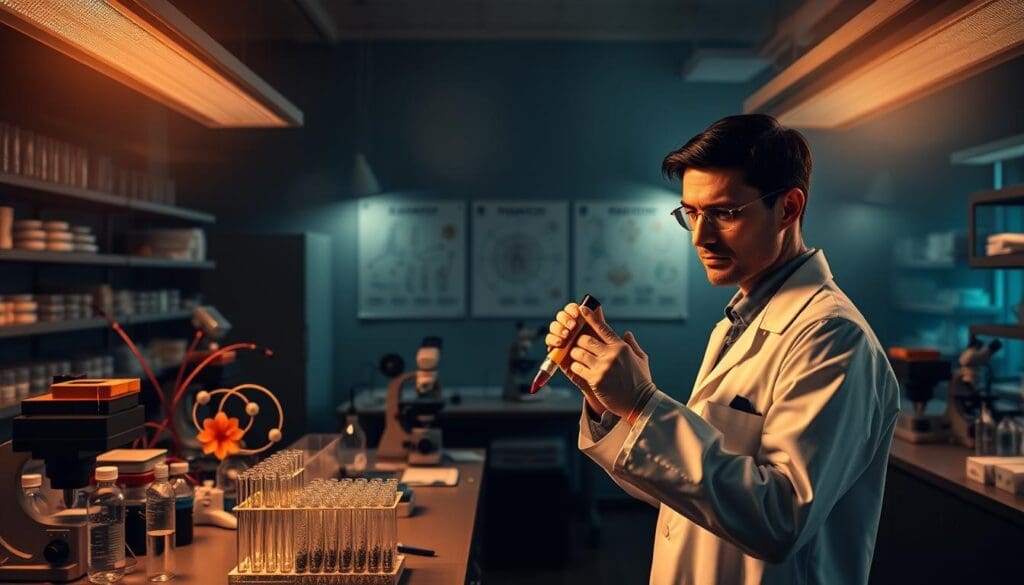 A dimly lit research laboratory, with rows of test tubes, petri dishes, and microscopes lining the benches. In the foreground, a scientist in a white lab coat carefully pipettes a sample, their face set in a determined expression. The middle ground features various models and diagrams depicting different cancer treatment approaches, including chemotherapy, radiation therapy, and targeted therapies. The background is shrouded in a hazy, pensive atmosphere, suggesting the complexity and gravity of the subject matter. Soft, warm lighting from overhead fixtures casts a thoughtful glow throughout the scene, creating a sense of contemplation and scientific inquiry.