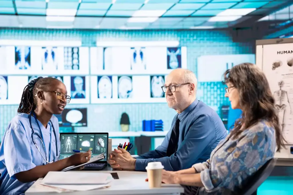 A group of medical oncologists gathered in a modern, well-equipped hospital office, discussing treatment plans and research findings. The scene is bathed in warm, diffused lighting, creating a professional yet caring atmosphere. In the foreground, three doctors in white coats are intently examining patient files, their faces expressing deep concentration. In the middle ground, a team of oncologists is engaged in a lively discussion, gesturing animatedly as they review the latest advancements in cancer therapies. The background features state-of-the-art medical equipment and technology, symbolizing the oncologists' expertise and commitment to providing the highest quality of care. A group of medical oncologists gathered in a modern, well-equipped hospital office, discussing treatment plans and research findings. The scene is bathed in warm, diffused lighting, creating a professional yet caring atmosphere. In the foreground, three doctors in white coats are intently examining patient files, their faces expressing deep concentration. In the middle ground, a team of oncologists is engaged in a lively discussion, gesturing animatedly as they review the latest advancements in cancer therapies. The background features state-of-the-art medical equipment and technology, symbolizing the oncologists' expertise and commitment to providing the highest quality of care.
