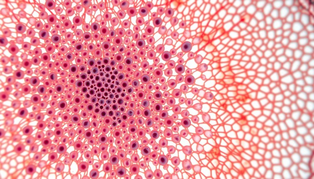 A high-resolution, microscopic cross-section of human bone marrow cells, captured under bright field illumination. The foreground features a dense cluster of diverse hematopoietic stem cells, erythrocytes, and granulocytes, with their distinct morphologies clearly visible. The middle ground showcases the intricate network of stromal cells and vascular structures that support the marrow's function. The background subtly renders the trabecular bone matrix, providing context for the cellular microenvironment. The scene conveys the fundamental role of bone marrow in human physiology, with a sense of scientific precision and visual clarity. A high-resolution, microscopic cross-section of human bone marrow cells, captured under bright field illumination. The foreground features a dense cluster of diverse hematopoietic stem cells, erythrocytes, and granulocytes, with their distinct morphologies clearly visible. The middle ground showcases the intricate network of stromal cells and vascular structures that support the marrow's function. The background subtly renders the trabecular bone matrix, providing context for the cellular microenvironment. The scene conveys the fundamental role of bone marrow in human physiology, with a sense of scientific precision and visual clarity.