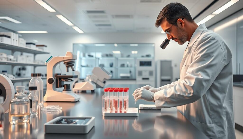 A high-resolution, photorealistic image of a laboratory setting with a researcher working on a regenerative medicine experiment. The foreground shows a scientist in a white lab coat carefully manipulating stem cells under a microscope. The middle ground features various lab equipment, test tubes, and instruments arranged neatly on a clean, stainless steel lab bench. The background showcases a modern, well-lit laboratory with sleek, minimalist design, giving an impression of advanced medical technology. The overall scene conveys a sense of scientific progress, innovation, and the evolution of regenerative medicine. A high-resolution, photorealistic image of a laboratory setting with a researcher working on a regenerative medicine experiment. The foreground shows a scientist in a white lab coat carefully manipulating stem cells under a microscope. The middle ground features various lab equipment, test tubes, and instruments arranged neatly on a clean, stainless steel lab bench. The background showcases a modern, well-lit laboratory with sleek, minimalist design, giving an impression of advanced medical technology. The overall scene conveys a sense of scientific progress, innovation, and the evolution of regenerative medicine.