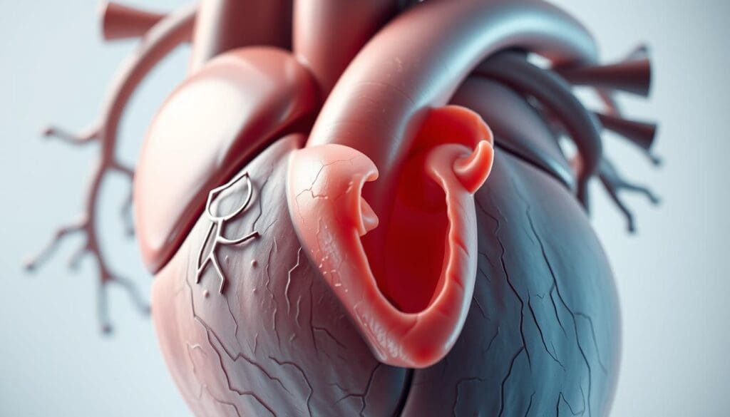 A high-resolution, photorealistic image of the human heart, focusing on the aortic valve. The aortic valve is shown in detail, with clear visibility of the characteristic dilation and malformation indicative of aortic insufficiency. The image should be captured from an angle that showcases the valve's abnormal structure, providing a clear visual representation of the condition. Lighting should be soft and natural, highlighting the intricate anatomical details. The background should be subtly blurred, keeping the viewer's attention on the aortic valve itself. The overall mood should convey a sense of medical precision and clinical examination, allowing the viewer to better understand the nature of aortic insufficiency.