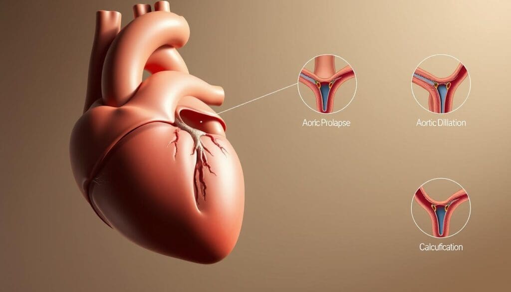 A highly detailed, anatomically accurate digital illustration depicting the causes of aortic regurgitation. The image showcases the human heart in the foreground, with a clear view of the aortic valve and surrounding structures. The mid-ground highlights various pathological conditions, such as aortic valve prolapse, aortic root dilation, and aortic valve calcification, which can lead to the development of aortic regurgitation. The background features a muted, neutral-toned environment, allowing the viewer to focus on the medical details. The lighting is soft and natural, creating a sense of depth and realism. The overall composition and level of detail should provide a comprehensive visual representation of the common causes of this cardiovascular condition.