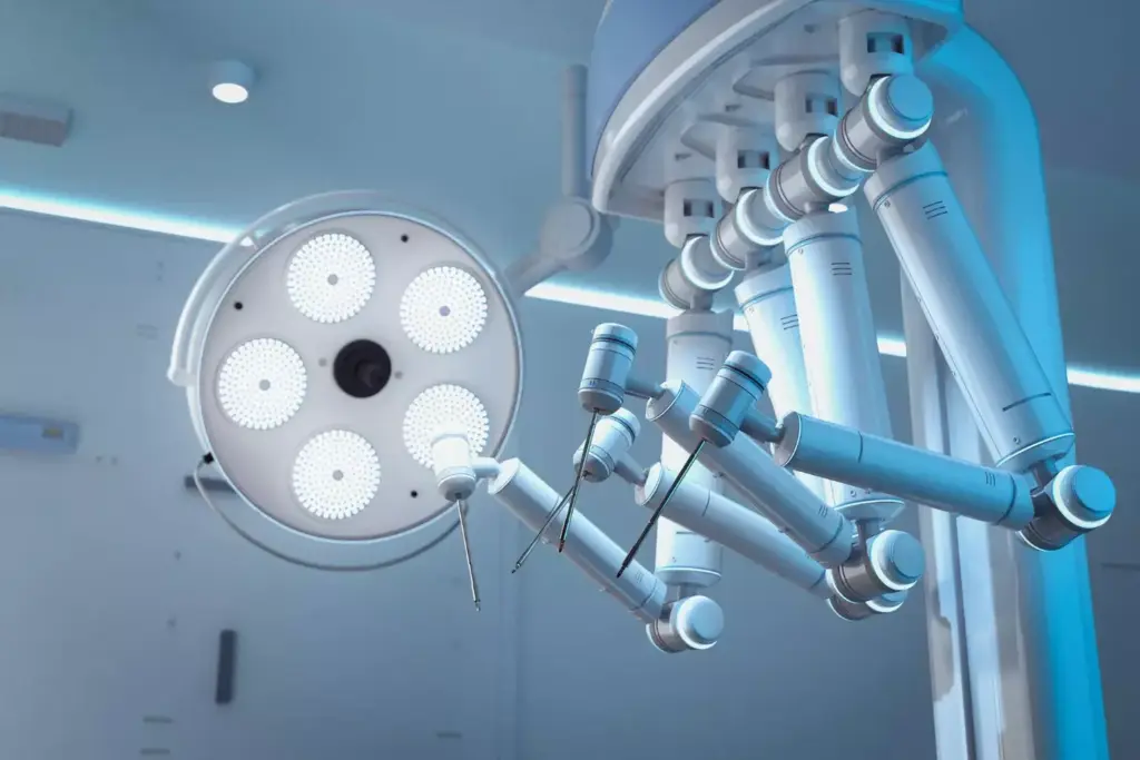 A highly detailed and technically accurate 3D rendering of the da Vinci robotic surgery system. The foreground features the sleek, modern da Vinci console with its intuitive controls and high-resolution display screens. In the middle ground, the robotic arms with their articulated instruments are precisely positioned, conveying the advanced surgical capabilities. The background showcases the operating room environment, with clean, bright lighting and state-of-the-art medical equipment, highlighting the cutting-edge technology that enables this revolutionary surgical approach. The overall scene exudes a sense of precision, innovation, and the evolution of minimally invasive surgery. A highly detailed and technically accurate 3D rendering of the da Vinci robotic surgery system. The foreground features the sleek, modern da Vinci console with its intuitive controls and high-resolution display screens. In the middle ground, the robotic arms with their articulated instruments are precisely positioned, conveying the advanced surgical capabilities. The background showcases the operating room environment, with clean, bright lighting and state-of-the-art medical equipment, highlighting the cutting-edge technology that enables this revolutionary surgical approach. The overall scene exudes a sense of precision, innovation, and the evolution of minimally invasive surgery.