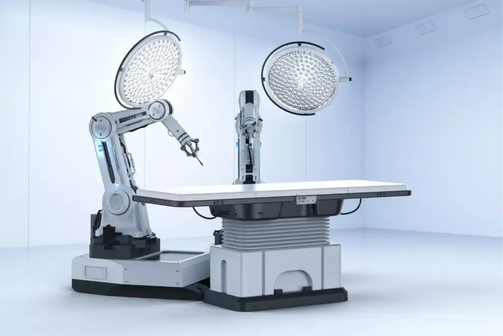 A highly detailed, close-up view of the advanced surgical arms of the da Vinci robotic system, showcasing their intricate mechanical design and impressive functionality. The robotic arms are rendered in a sleek, metallic finish, with a gleaming, almost futuristic appearance. The arms are depicted in a brightly lit, clean, and clinical environment, with crisp shadows and highlights that accentuate their precise movements and dexterity. The composition focuses on the arms' articulated joints, versatile wrist mechanisms, and specialized end-effectors, highlighting the engineering innovations that enable the system's enhanced surgical capabilities. An overall mood of technological sophistication and medical precision is conveyed, reflecting the cutting-edge nature of the da Vinci robotic surgery platform. A highly detailed, close-up view of the advanced surgical arms of the da Vinci robotic system, showcasing their intricate mechanical design and impressive functionality. The robotic arms are rendered in a sleek, metallic finish, with a gleaming, almost futuristic appearance. The arms are depicted in a brightly lit, clean, and clinical environment, with crisp shadows and highlights that accentuate their precise movements and dexterity. The composition focuses on the arms' articulated joints, versatile wrist mechanisms, and specialized end-effectors, highlighting the engineering innovations that enable the system's enhanced surgical capabilities. An overall mood of technological sophistication and medical precision is conveyed, reflecting the cutting-edge nature of the da Vinci robotic surgery platform.