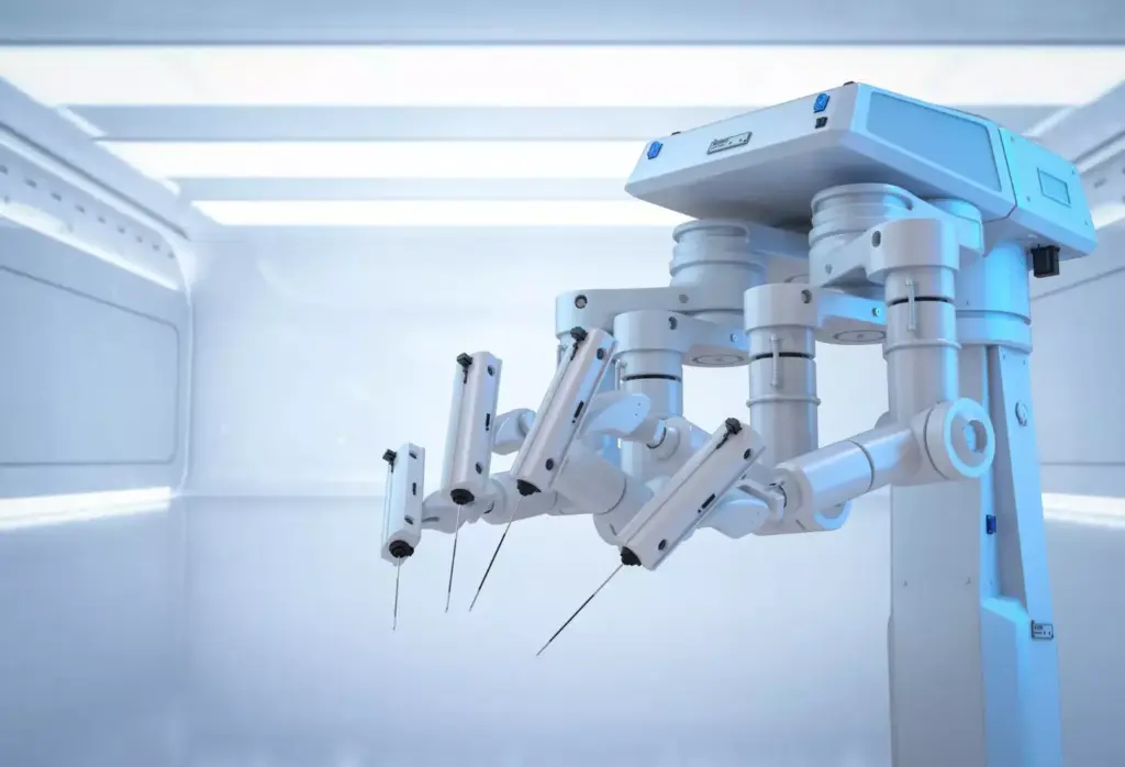 A highly detailed, photorealistic image of the latest robotic surgery technology. In the foreground, a state-of-the-art robotic surgical arm with precision instruments, surrounded by a sleek, modern control console. In the middle ground, a surgical theater with gleaming medical equipment and a minimally invasive operating table. The background features a futuristic hospital setting, with large windows letting in warm, diffused lighting that casts soft shadows. The overall scene conveys a sense of advanced medical innovation, cutting-edge engineering, and patient-centered care.