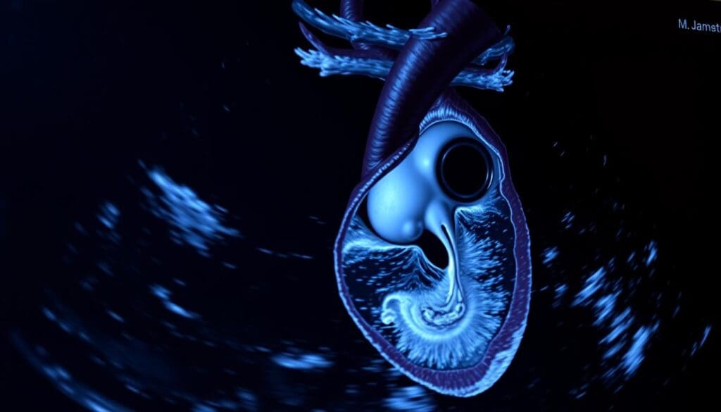 A highly detailed, realistic echocardiography image showing a cross-sectional view of the aortic valve with moderate stenosis. The image should be captured with a high-resolution medical imaging device, showcasing the anatomical structures and physiological characteristics associated with this condition. The lighting should be soft and directional, emphasizing the intricate details of the aortic valve and the surrounding cardiac structures. The angle should be angled slightly from the side to provide a clear view of the valve opening and the degree of stenosis. The mood should convey a sense of clinical objectivity and medical professionalism, suitable for use in a medical article.