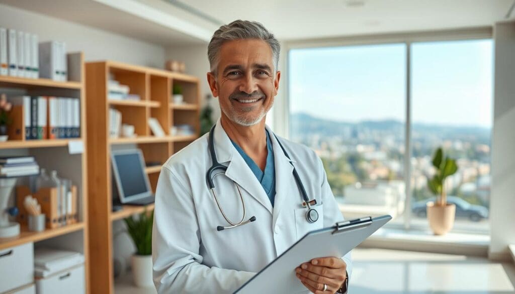 A middle-aged, male orthopedic doctor standing in a well-lit, modern medical office. He is wearing a white lab coat, scrubs, and a stethoscope around his neck. The doctor has a warm, approachable expression and is holding a clipboard, ready to consult with a patient. In the background, there are shelves with medical books and equipment, as well as a large window overlooking a scenic city landscape. The overall atmosphere conveys a sense of professionalism, expertise, and patient-centered care. A middle-aged, male orthopedic doctor standing in a well-lit, modern medical office. He is wearing a white lab coat, scrubs, and a stethoscope around his neck. The doctor has a warm, approachable expression and is holding a clipboard, ready to consult with a patient. In the background, there are shelves with medical books and equipment, as well as a large window overlooking a scenic city landscape. The overall atmosphere conveys a sense of professionalism, expertise, and patient-centered care.