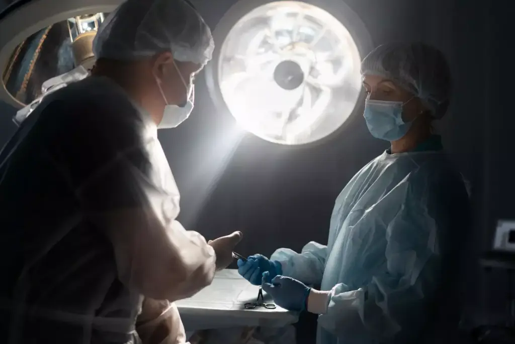 A minimally invasive surgical suite, bathed in a soft, diffused light from overhead lamps. In the foreground, a surgeon's hands deftly manipulate slender, precision instruments through small incisions, performing a delicate procedure. The middle ground reveals the patient's torso, draped in sterile blue fabrics, the incision sites barely visible. In the background, a team of medical professionals monitor the procedure, their faces obscured by protective masks. The scene conveys a sense of calm focus and technological sophistication, reflecting the evolution of minimally invasive surgical techniques. A minimally invasive surgical suite, bathed in a soft, diffused light from overhead lamps. In the foreground, a surgeon's hands deftly manipulate slender, precision instruments through small incisions, performing a delicate procedure. The middle ground reveals the patient's torso, draped in sterile blue fabrics, the incision sites barely visible. In the background, a team of medical professionals monitor the procedure, their faces obscured by protective masks. The scene conveys a sense of calm focus and technological sophistication, reflecting the evolution of minimally invasive surgical techniques.