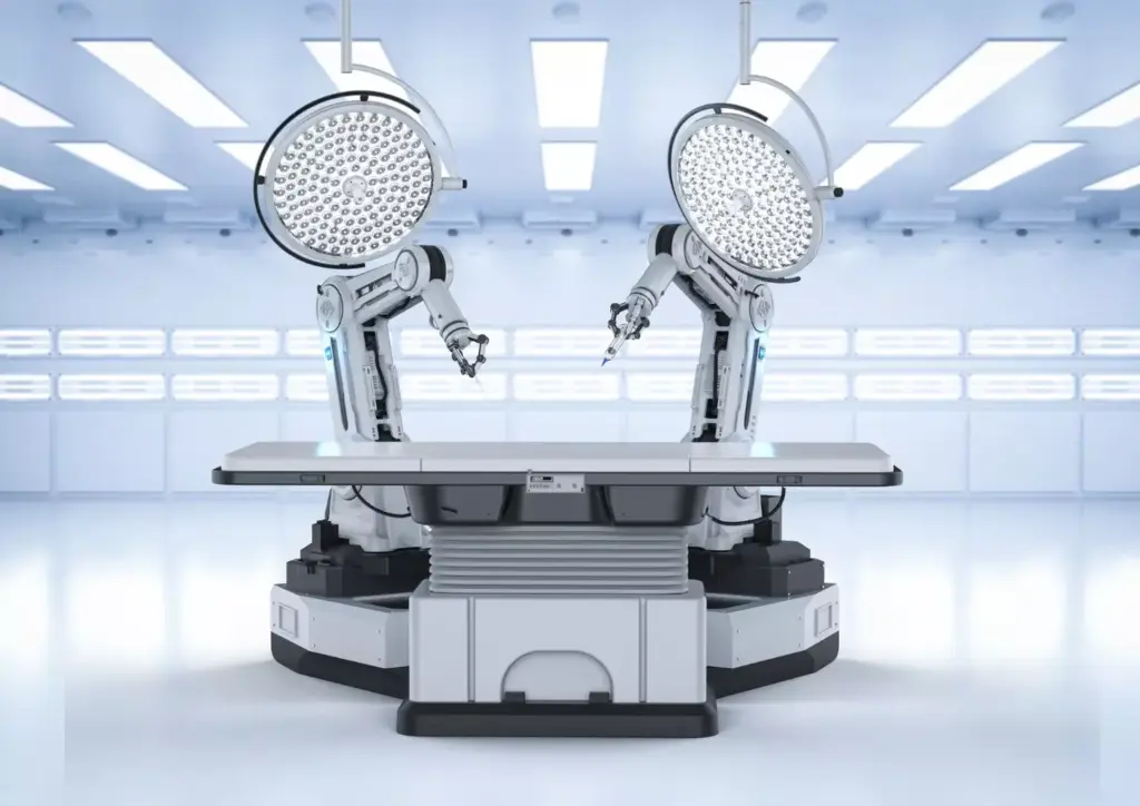 A pristine, highly detailed surgical robot stands center stage, its sleek robotic arms poised for precision. The da Vinci Xi system's articulated instruments gleam under crisp, evenly-lit studio lighting, conveying the cutting-edge technology that has revolutionized minimally invasive surgery. The robot's bold, angular frame is balanced against a clean, immaculate background, emphasizing its advanced engineering and the evolution of robotic surgical capabilities. Subtle reflections on the polished surfaces add depth and dimensionality, while a slight low-angle perspective heightens the imposing, futuristic presence of this groundbreaking medical innovation. A pristine, highly detailed surgical robot stands center stage, its sleek robotic arms poised for precision. The da Vinci Xi system's articulated instruments gleam under crisp, evenly-lit studio lighting, conveying the cutting-edge technology that has revolutionized minimally invasive surgery. The robot's bold, angular frame is balanced against a clean, immaculate background, emphasizing its advanced engineering and the evolution of robotic surgical capabilities. Subtle reflections on the polished surfaces add depth and dimensionality, while a slight low-angle perspective heightens the imposing, futuristic presence of this groundbreaking medical innovation.