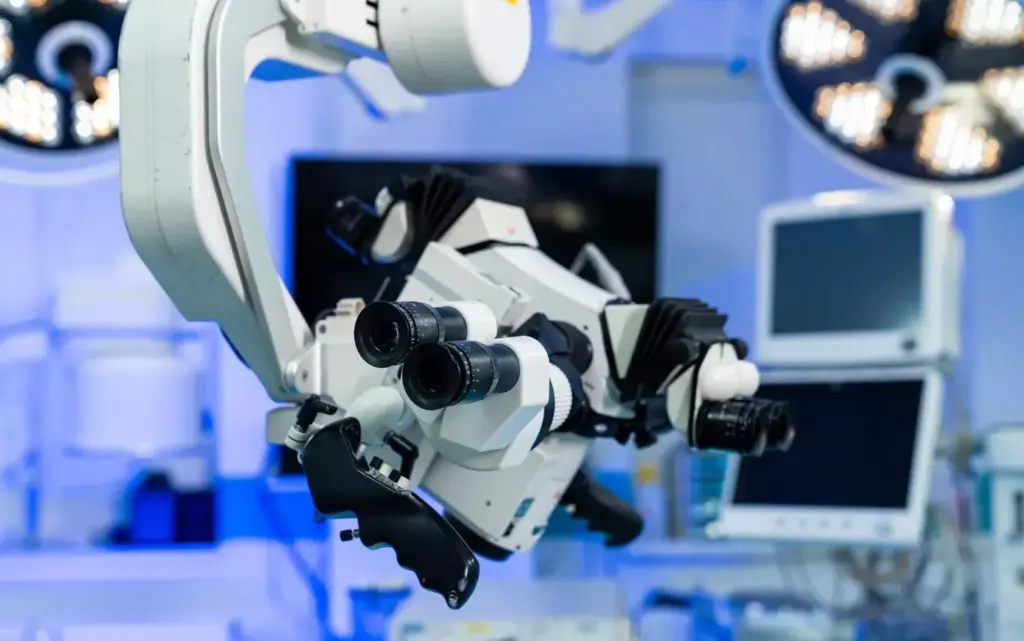 A sleek, stainless steel control panel for the da Vinci Surgical System. Precisely arranged buttons, knobs, and touch screens illuminate the technological sophistication of this robotic platform. The panel is bathed in a cool, blue-tinted light, creating a modern, clinical atmosphere. Intricate circuits and components are visible through transparent panels, showcasing the advanced engineering. The layout is intuitive and ergonomic, designed to facilitate the surgeon's precise control and seamless interaction with the robot's movements. Viewed from a slightly elevated angle, the controls appear both powerful and approachable, reflecting the innovative technology that empowers the da Vinci robot's exceptional precision and safety. A sleek, stainless steel control panel for the da Vinci Surgical System. Precisely arranged buttons, knobs, and touch screens illuminate the technological sophistication of this robotic platform. The panel is bathed in a cool, blue-tinted light, creating a modern, clinical atmosphere. Intricate circuits and components are visible through transparent panels, showcasing the advanced engineering. The layout is intuitive and ergonomic, designed to facilitate the surgeon's precise control and seamless interaction with the robot's movements. Viewed from a slightly elevated angle, the controls appear both powerful and approachable, reflecting the innovative technology that empowers the da Vinci robot's exceptional precision and safety.