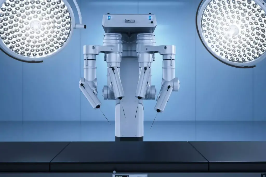 A sophisticated robotic surgical system, the Da Vinci System stands tall in a sterile, well-lit operating room. Its sleek, metallic frame houses a network of precision instruments, meticulously engineered to assist skilled surgeons. The robotic arms extend outward, ready to perform complex procedures with unparalleled dexterity and control. The system's advanced cameras and displays provide a comprehensive view of the surgical site, allowing for enhanced visualization and improved patient outcomes. Ambient lighting casts a warm, focused glow, highlighting the machine's technological prowess. The Da Vinci System embodies the perfect fusion of human expertise and cutting-edge robotics, redefining the future of modern surgery.
