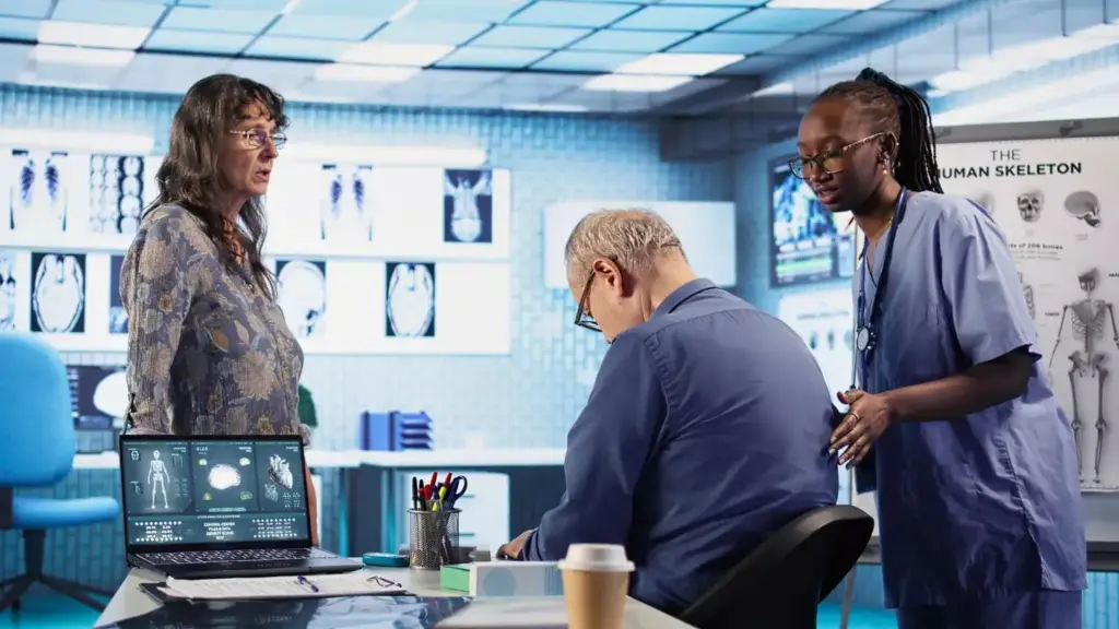 A team of medical professionals gathered in a modern hospital setting, focused on discussing the latest advancements in brain cancer treatment. In the foreground, a neurosurgeon and an oncologist review scans and data, while a radiation therapist and a nurse collaborate on a treatment plan. The middle ground features a patient undergoing a cutting-edge procedure, their face obscured to protect their privacy. The background is dimly lit, creating a solemn yet determined atmosphere, conveying the gravity and importance of their work. Warm, directional lighting highlights the team's expressions, emphasizing their dedication and expertise. A team of medical professionals gathered in a modern hospital setting, focused on discussing the latest advancements in brain cancer treatment. In the foreground, a neurosurgeon and an oncologist review scans and data, while a radiation therapist and a nurse collaborate on a treatment plan. The middle ground features a patient undergoing a cutting-edge procedure, their face obscured to protect their privacy. The background is dimly lit, creating a solemn yet determined atmosphere, conveying the gravity and importance of their work. Warm, directional lighting highlights the team's expressions, emphasizing their dedication and expertise.