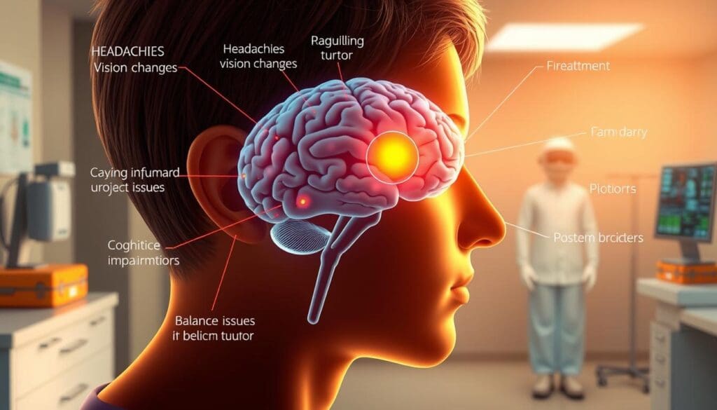 A vibrant, medically accurate illustration of the common symptoms associated with benign brain tumors. In the foreground, a detailed close-up view of a person's head, with various neurological symptoms depicted through subtle visual cues - headaches, vision changes, cognitive impairments, and balance issues. The middle ground features a cross-section of the brain, highlighting the location and size of the benign tumor. In the background, a muted, clinical environment with medical equipment and diagnostic imagery, conveying a sense of medical care and diagnosis. Warm, natural lighting casts a soft glow, creating a soothing, informative atmosphere. Rendered with a high level of realism and anatomical precision to educate and enlighten the viewer. A vibrant, medically accurate illustration of the common symptoms associated with benign brain tumors. In the foreground, a detailed close-up view of a person's head, with various neurological symptoms depicted through subtle visual cues - headaches, vision changes, cognitive impairments, and balance issues. The middle ground features a cross-section of the brain, highlighting the location and size of the benign tumor. In the background, a muted, clinical environment with medical equipment and diagnostic imagery, conveying a sense of medical care and diagnosis. Warm, natural lighting casts a soft glow, creating a soothing, informative atmosphere. Rendered with a high level of realism and anatomical precision to educate and enlighten the viewer.