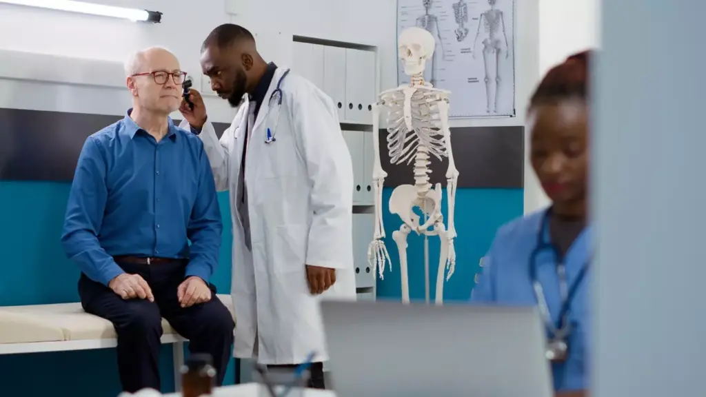 A well-lit, detailed medical illustration depicting a patient undergoing preoperative evaluation for 360 fusion surgery. The subject is a middle-aged person lying on an examination table, with a doctor or surgeon examining their spine. The background shows a dimly lit, sterile medical setting with diagnostic imaging such as X-rays or MRI scans displayed on a nearby monitor. The image conveys a sense of clinical professionalism and the careful patient selection process required for this complex spinal procedure. A well-lit, detailed medical illustration depicting a patient undergoing preoperative evaluation for 360 fusion surgery. The subject is a middle-aged person lying on an examination table, with a doctor or surgeon examining their spine. The background shows a dimly lit, sterile medical setting with diagnostic imaging such as X-rays or MRI scans displayed on a nearby monitor. The image conveys a sense of clinical professionalism and the careful patient selection process required for this complex spinal procedure.