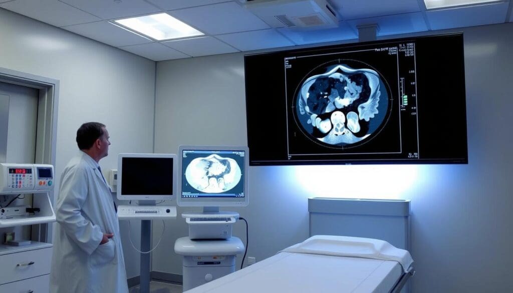 A well-lit hospital examination room with a detailed diagnostic display showcasing an abdominal aortic aneurysm (AAA). The patient's CT scan or MRI image is prominently featured on a large screen, providing a clear visual representation of the aneurysm. A medical professional, dressed in a white coat, stands beside the display, carefully analyzing the results and considering the next steps in the diagnosis and treatment process. The room has a clean, sterile appearance, with modern medical equipment and a calming, professional atmosphere. The overall scene conveys the importance of thorough examination and informed decision-making when it comes to addressing an abdominal aortic aneurysm. A well-lit hospital examination room with a detailed diagnostic display showcasing an abdominal aortic aneurysm (AAA). The patient's CT scan or MRI image is prominently featured on a large screen, providing a clear visual representation of the aneurysm. A medical professional, dressed in a white coat, stands beside the display, carefully analyzing the results and considering the next steps in the diagnosis and treatment process. The room has a clean, sterile appearance, with modern medical equipment and a calming, professional atmosphere. The overall scene conveys the importance of thorough examination and informed decision-making when it comes to addressing an abdominal aortic aneurysm.