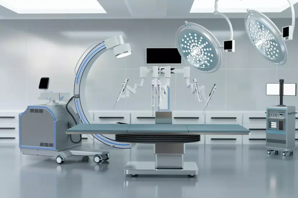 A well-lit surgical suite with gleaming metal equipment, crisp white walls, and the faint scent of sterility. In the foreground, a stainless steel operating table dominates the scene, surrounded by a range of specialized instruments and tools. The middle ground features a bank of monitors displaying vital signs and imaging data, while the background showcases a row of cabinets and shelves stocked with medical supplies. Bright overhead lighting casts a clinical glow, creating a sense of precision and control. The overall atmosphere conveys the highly technical and focused nature of a surgeon's workspace, ready to facilitate life-saving procedures.