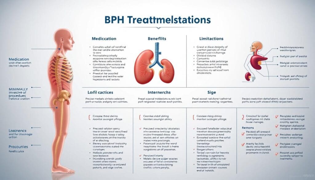 An intricate comparison of BPH treatment options presented in a clean, informative medical illustration. The foreground features side-by-side depictions of the key treatment modalities - medication, minimally invasive procedures, and surgical interventions - showcased with precise anatomical details and technical specifications. The middle ground provides a succinct overview of the benefits and limitations of each approach, conveyed through concise infographic elements. The background adopts a neutral, clinical aesthetic with subtle lighting and muted color tones to maintain a professional, educational tone. The overall composition strikes a balance between visual clarity and technical accuracy, serving as an authoritative visual aid for the article's subject matter. An intricate comparison of BPH treatment options presented in a clean, informative medical illustration. The foreground features side-by-side depictions of the key treatment modalities - medication, minimally invasive procedures, and surgical interventions - showcased with precise anatomical details and technical specifications. The middle ground provides a succinct overview of the benefits and limitations of each approach, conveyed through concise infographic elements. The background adopts a neutral, clinical aesthetic with subtle lighting and muted color tones to maintain a professional, educational tone. The overall composition strikes a balance between visual clarity and technical accuracy, serving as an authoritative visual aid for the article's subject matter.