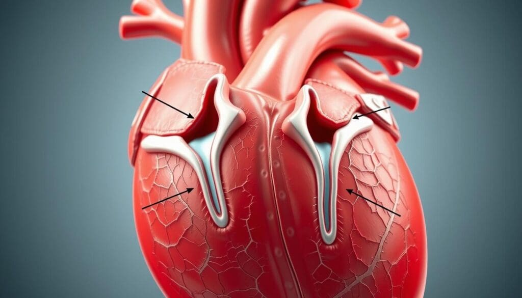 Detailed anatomical diagram of the four heart valves and their precise locations within the human heart. High-resolution, photo-realistic illustration showcasing the aortic, mitral, pulmonary, and tricuspid valves in their respective positions. Rendered with striking clarity and precision, illuminated by natural soft lighting to highlight the intricate valve structures and surrounding cardiac anatomy. Captured from a slightly elevated perspective to provide a clear, comprehensive view. Convey a sense of clinical focus and medical education. Detailed anatomical diagram of the four heart valves and their precise locations within the human heart. High-resolution, photo-realistic illustration showcasing the aortic, mitral, pulmonary, and tricuspid valves in their respective positions. Rendered with striking clarity and precision, illuminated by natural soft lighting to highlight the intricate valve structures and surrounding cardiac anatomy. Captured from a slightly elevated perspective to provide a clear, comprehensive view. Convey a sense of clinical focus and medical education.