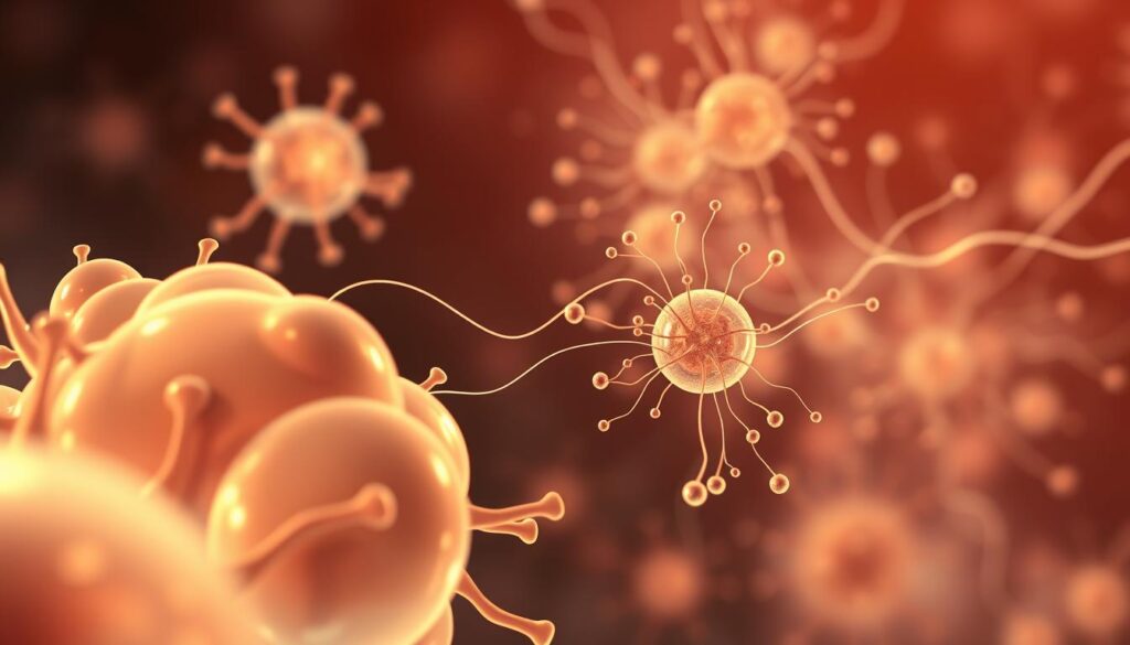Detailed cellular illustration of stem cell differentiation process. In the foreground, a cluster of undifferentiated stem cells, their nuclei glowing with potential. In the middle ground, cells diverging into distinct lineages, morphing into specialized cell types. Wispy tendrils of genetic code connect the cells, guiding their transformation. In the background, a spectral network of molecular pathways, pulsing with the energy of cellular development. Warm, diffused lighting casts an ethereal glow, highlighting the dynamic, almost mystical nature of this fundamental biological process. Captured with a macro lens for maximum scientific detail and visual impact. Detailed cellular illustration of stem cell differentiation process. In the foreground, a cluster of undifferentiated stem cells, their nuclei glowing with potential. In the middle ground, cells diverging into distinct lineages, morphing into specialized cell types. Wispy tendrils of genetic code connect the cells, guiding their transformation. In the background, a spectral network of molecular pathways, pulsing with the energy of cellular development. Warm, diffused lighting casts an ethereal glow, highlighting the dynamic, almost mystical nature of this fundamental biological process. Captured with a macro lens for maximum scientific detail and visual impact.