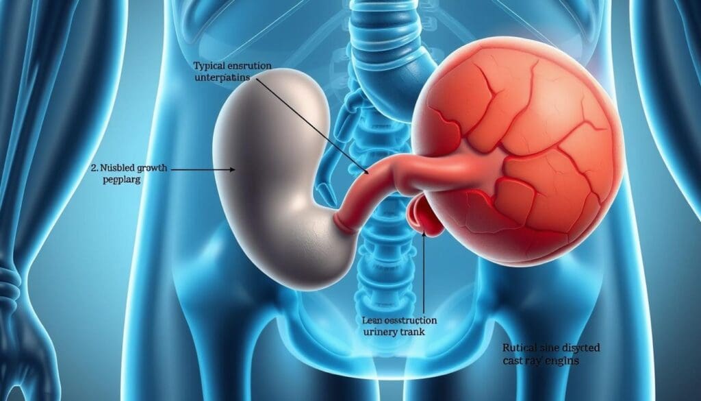 Detailed medical illustration depicting the prevalence of benign prostatic hyperplasia (BPH) in aging men. A cross-sectional view showcases the enlargement of the prostate gland, with annotations highlighting the typical growth patterns and degree of obstruction to the urinary tract. The image should convey a sense of clinical accuracy, with a focus on conveying the progressive nature of this common urological condition. Use a neutral color palette, realistic lighting, and high-resolution rendering to create a visually informative and impactful depiction suitable for a medical publication. Detailed medical illustration depicting the prevalence of benign prostatic hyperplasia (BPH) in aging men. A cross-sectional view showcases the enlargement of the prostate gland, with annotations highlighting the typical growth patterns and degree of obstruction to the urinary tract. The image should convey a sense of clinical accuracy, with a focus on conveying the progressive nature of this common urological condition. Use a neutral color palette, realistic lighting, and high-resolution rendering to create a visually informative and impactful depiction suitable for a medical publication.