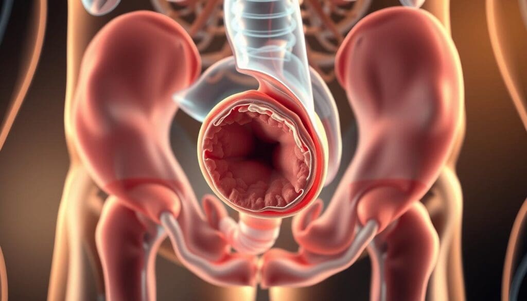 Detailed medical illustration of Benign Prostatic Hyperplasia (BPH), showcasing the enlarged prostate gland compressing the urethra. Crisp, high-resolution photorealistic rendering with precise anatomical accuracy, demonstrating the pathological condition in a cross-sectional view. Soft, warm lighting accentuates the tissue structures, while a subtle depth of field creates a sense of depth and focus on the key anatomical features. The image should convey a clinical, educational tone suitable for a medical publication.